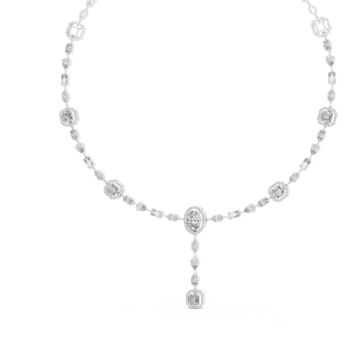 Halo Emerald Station Y Drop Necklace in white 925 sterling silver, view 2