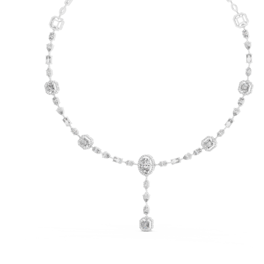 Halo Emerald Station Y Drop Necklace in white 925 sterling silver, view 2