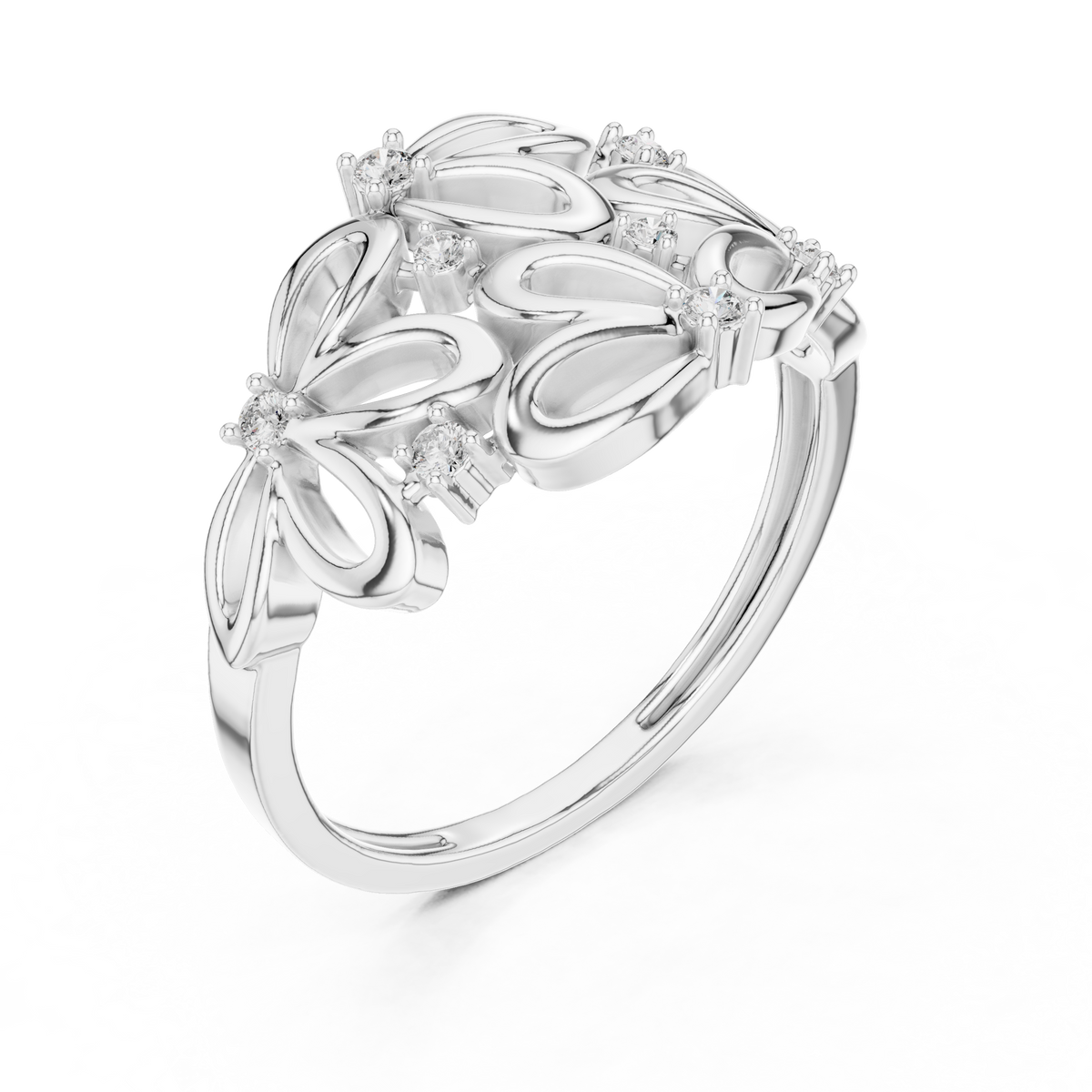 Open Flower Cluster Moissanite Ring in white 925 sterling silver, view 2