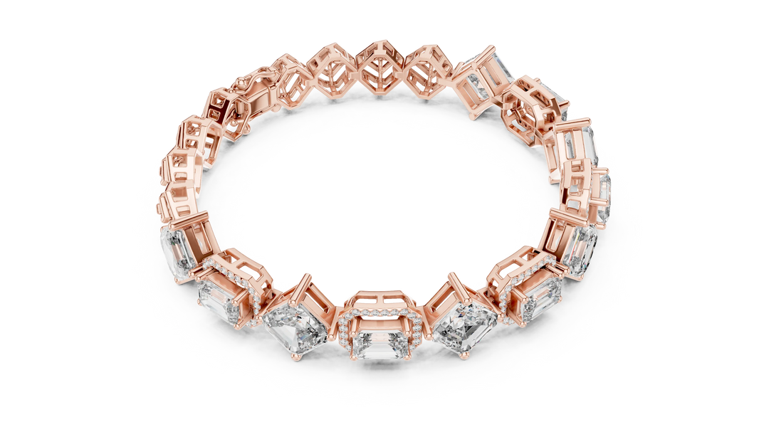 Asscher and Emerald Halo Station Moissanite Bracelet in rose 925 sterling silver, view 3