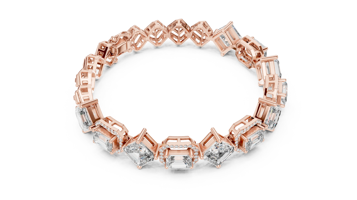 Asscher and Emerald Halo Station Moissanite Bracelet in rose 925 sterling silver, view 3