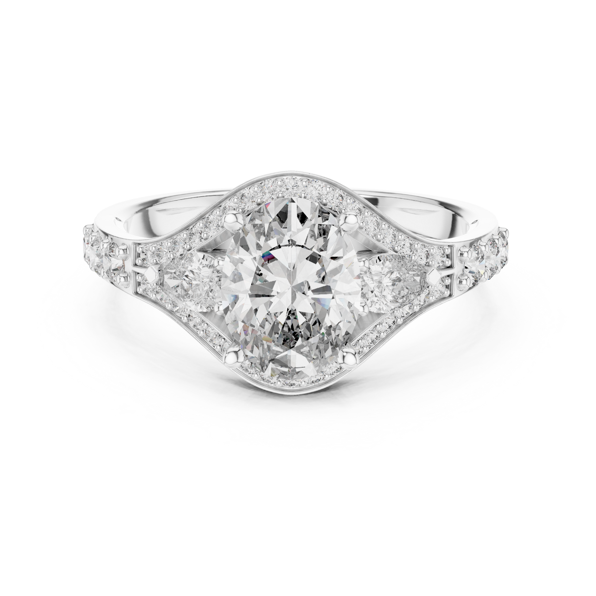 Oval and Pear Moissanite Halo Ring with Split Pavé Shoulders in white 925 sterling silver, view 4