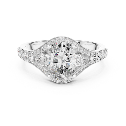 Oval and Pear Moissanite Halo Ring with Split Pavé Shoulders in white 925 sterling silver, view 4