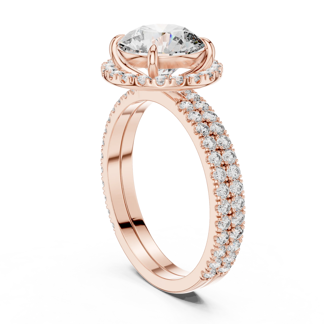 Round Halo Moissanite Engagement Ring with Pavé Band in rose 925 sterling silver, view 1