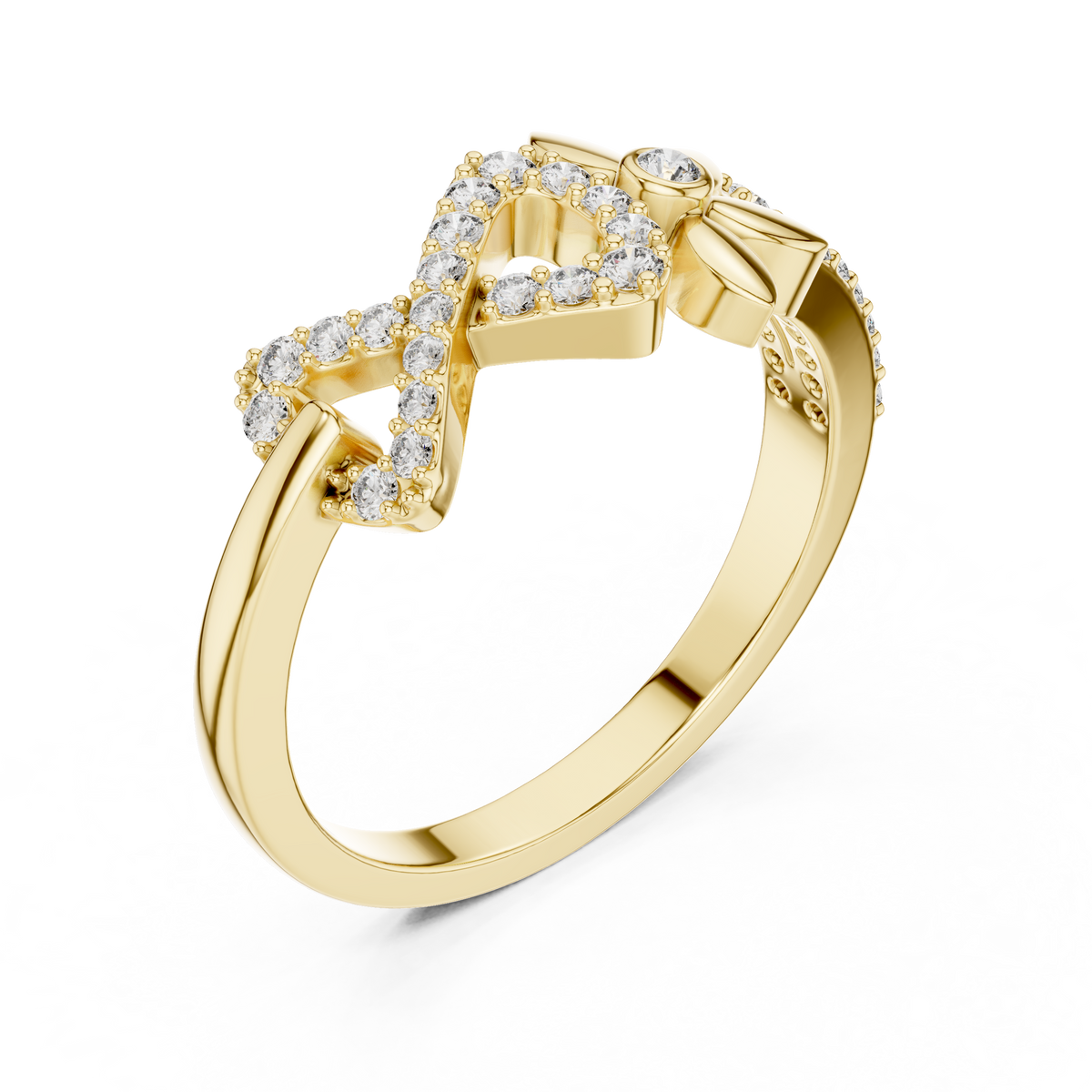 Pavé Infinity and Flower Moissanite Ring in yellow 925 sterling silver, view 2