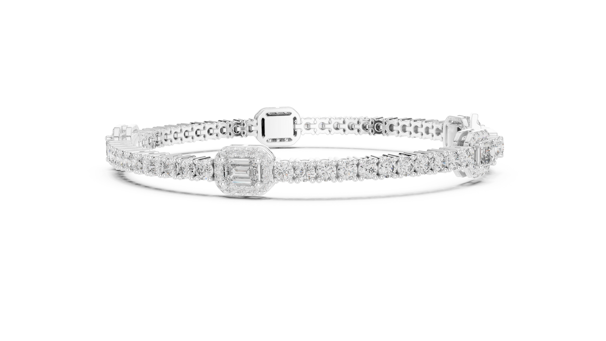 Emerald Halo Station Round Moissanite Tennis Bracelet in white 925 sterling silver, view 4