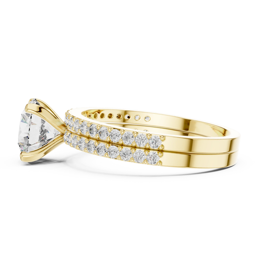 Round Solitaire Moissanite Ring with Double Pavé Band in yellow 925 sterling silver, view 3