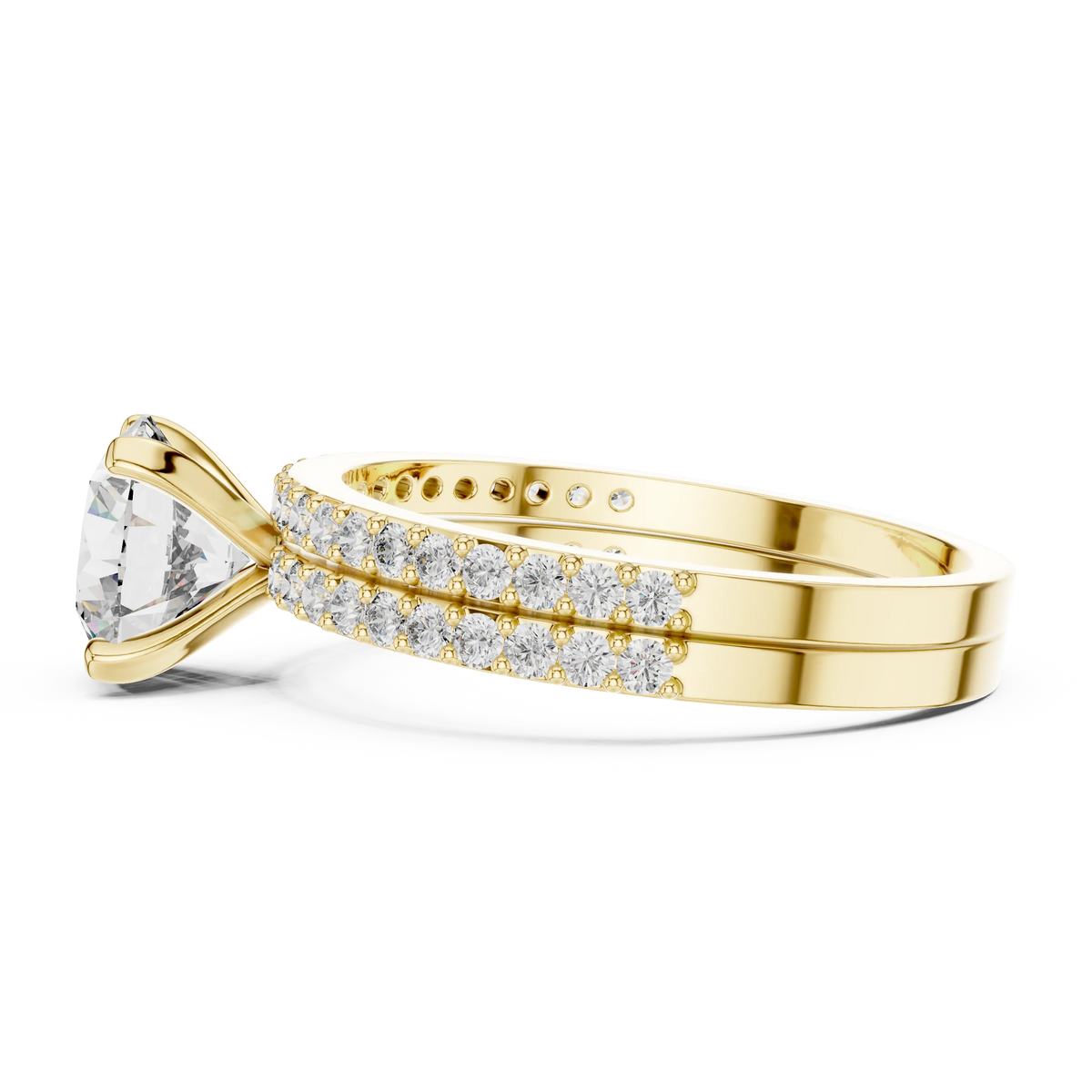 Round Solitaire Moissanite Ring with Double Pavé Band in yellow 925 sterling silver, view 3