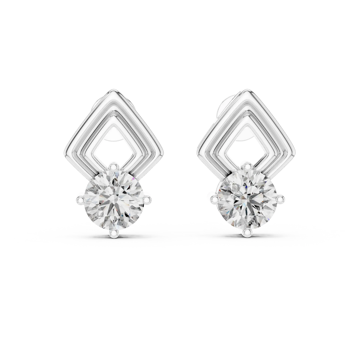 Round moissanite geometric frame stud earrings in white 925 sterling silver, view 4