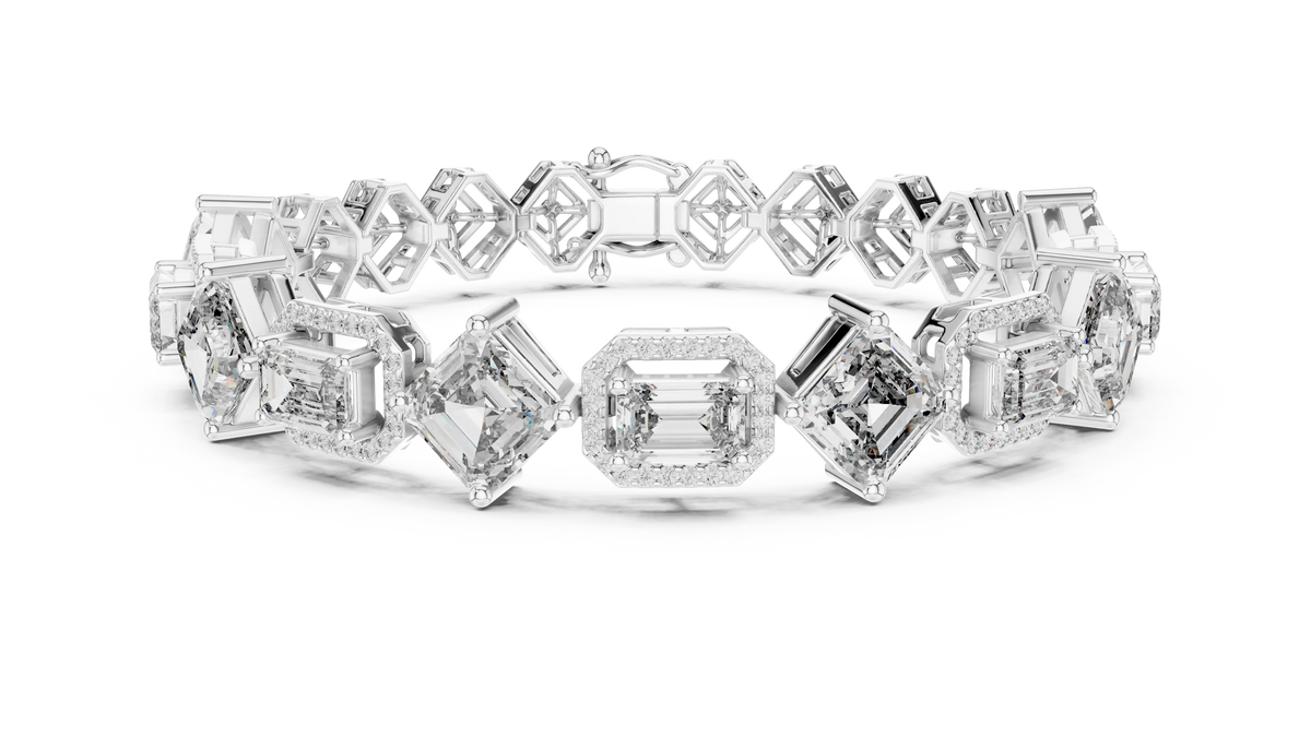 Asscher and Emerald Halo Station Moissanite Bracelet in white 925 sterling silver, view 1