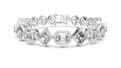 Asscher and Emerald Halo Station Moissanite Bracelet in white 925 sterling silver, view 1