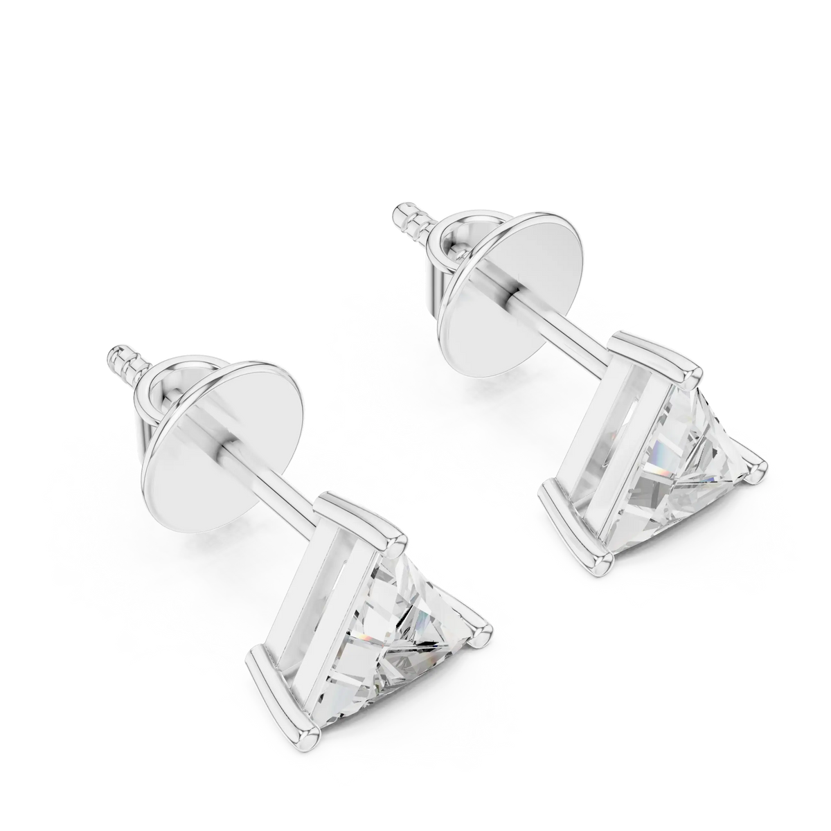 Trillion moissanite stud earrings in white 925 sterling silver, view 2