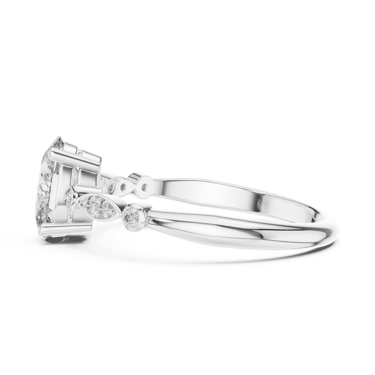 Oval Moissanite Ring with Bezel and Marquise Station Accents in white 925 sterling silver, view 3