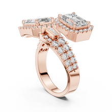 Emerald Cut Halo Toi et Moi Moissanite Bypass Ring in rose 925 sterling silver, view 1