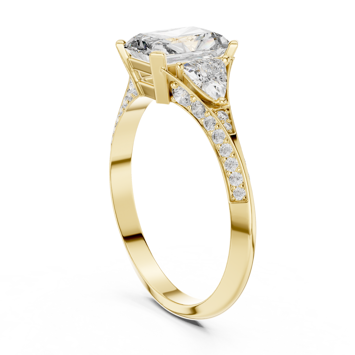 Radiant Cut and Curved Trillion Moissanite Ring with Pavé Split Shoulders in yellow 925 sterling silver, view 1