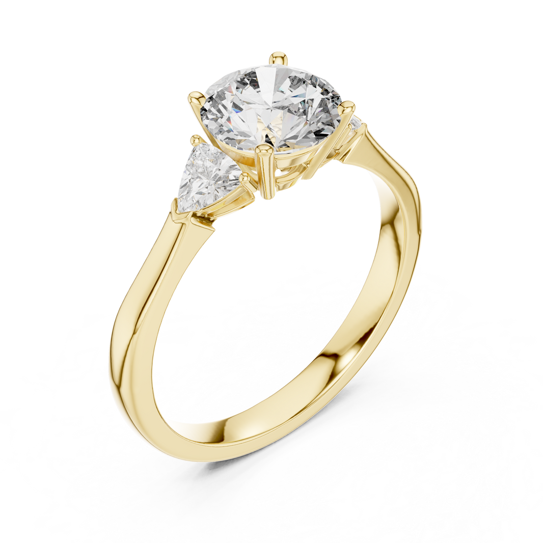 Round and Trillion Three Stone Moissanite Ring in yellow 925 sterling silver, view 2