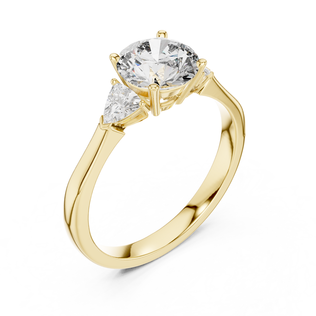 Round and Trillion Three Stone Moissanite Ring in yellow 925 sterling silver, view 2