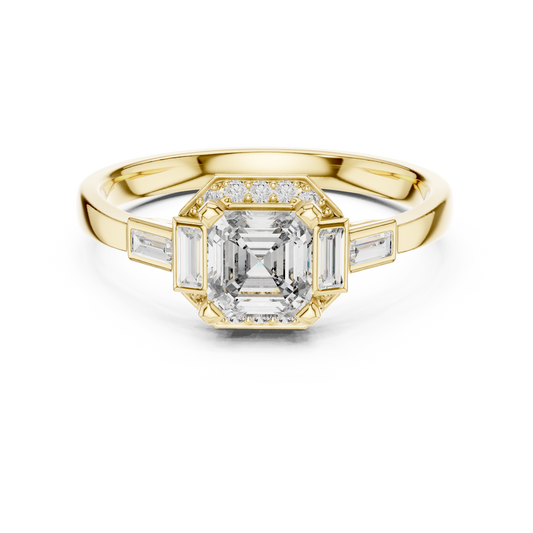 Asscher Cut Octagon Halo Moissanite Ring with Baguette Shoulders in yellow 925 sterling silver, view 4