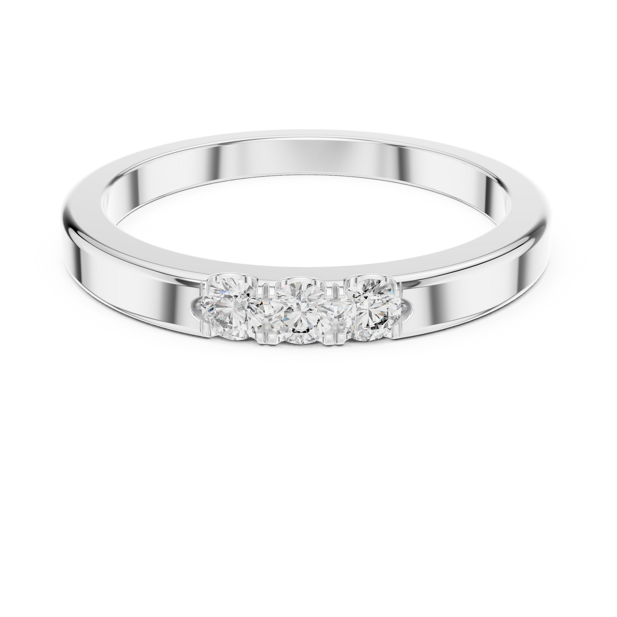 Three Stone Flat Moissanite Band in white 925 sterling silver, view 4