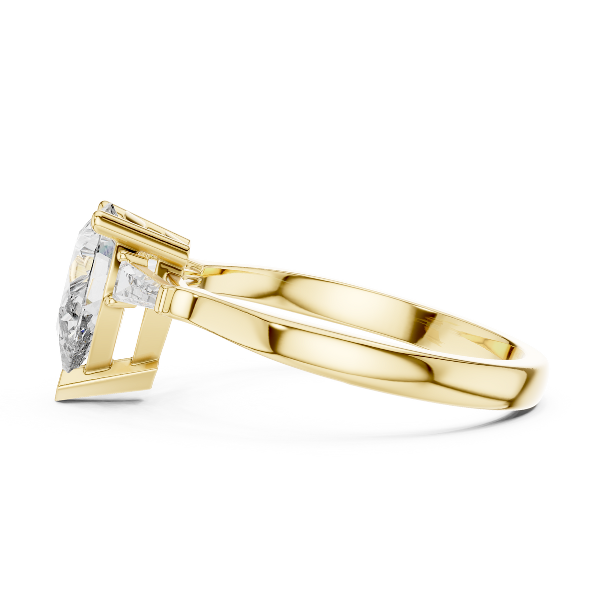 Pear Moissanite Ring with Tapered Baguette Sides in yellow 925 sterling silver, view 3