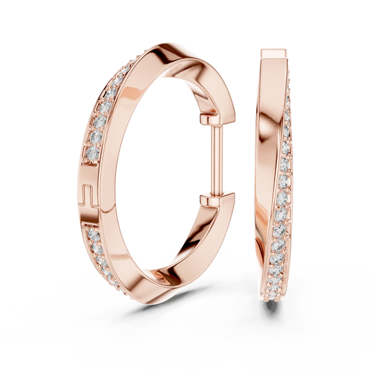 Moissanite twisted pave hoop earrings in rose 925 sterling silver, bold, view 1