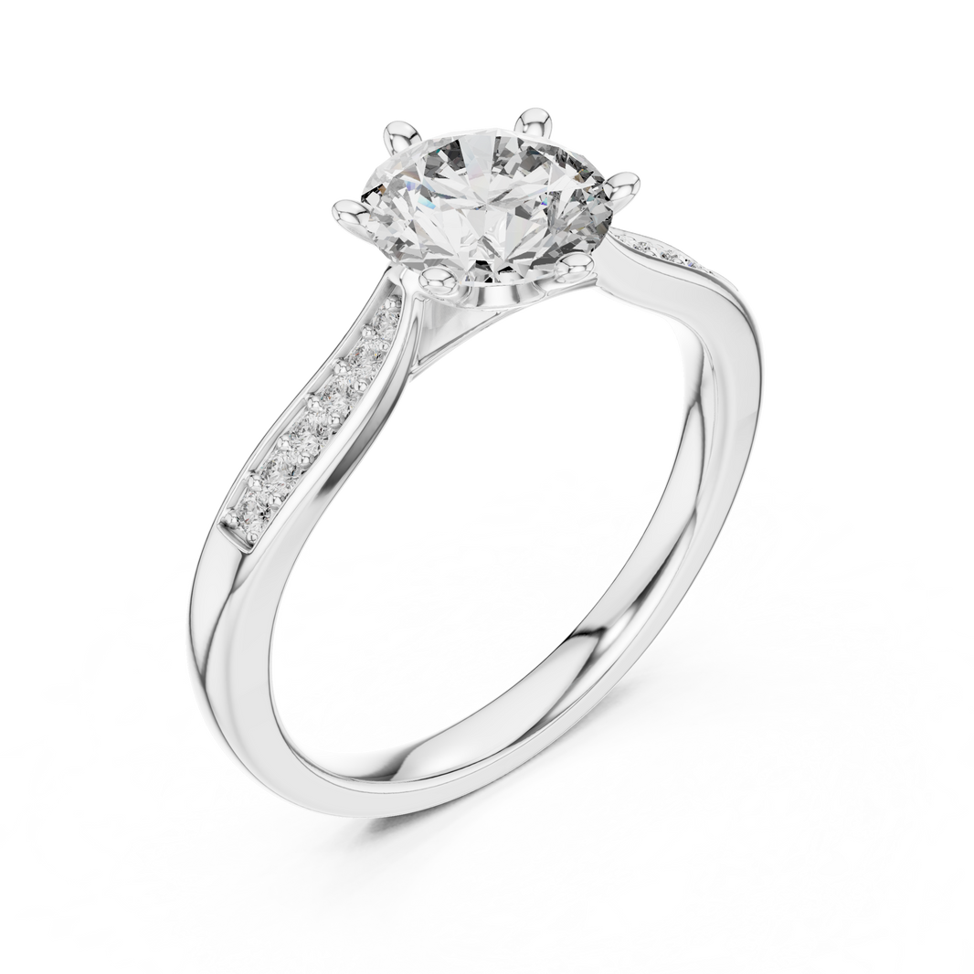Round Six Prong Moissanite Ring with Pavé Shoulders in white 925 sterling silver, view 2