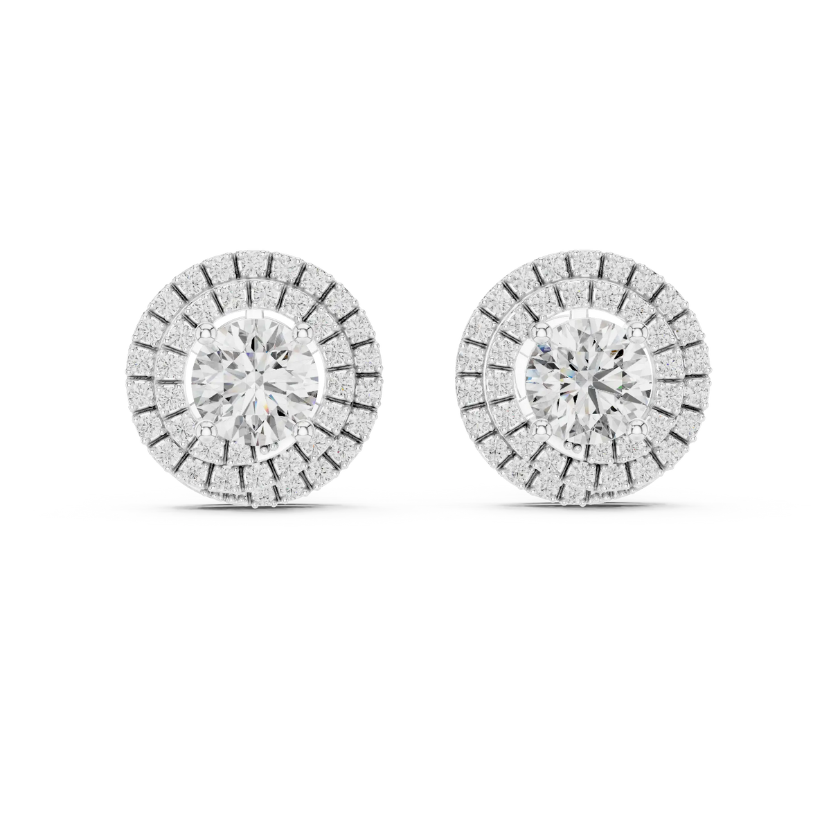 Round moissanite double halo stud earrings in white 925 sterling silver, view 4