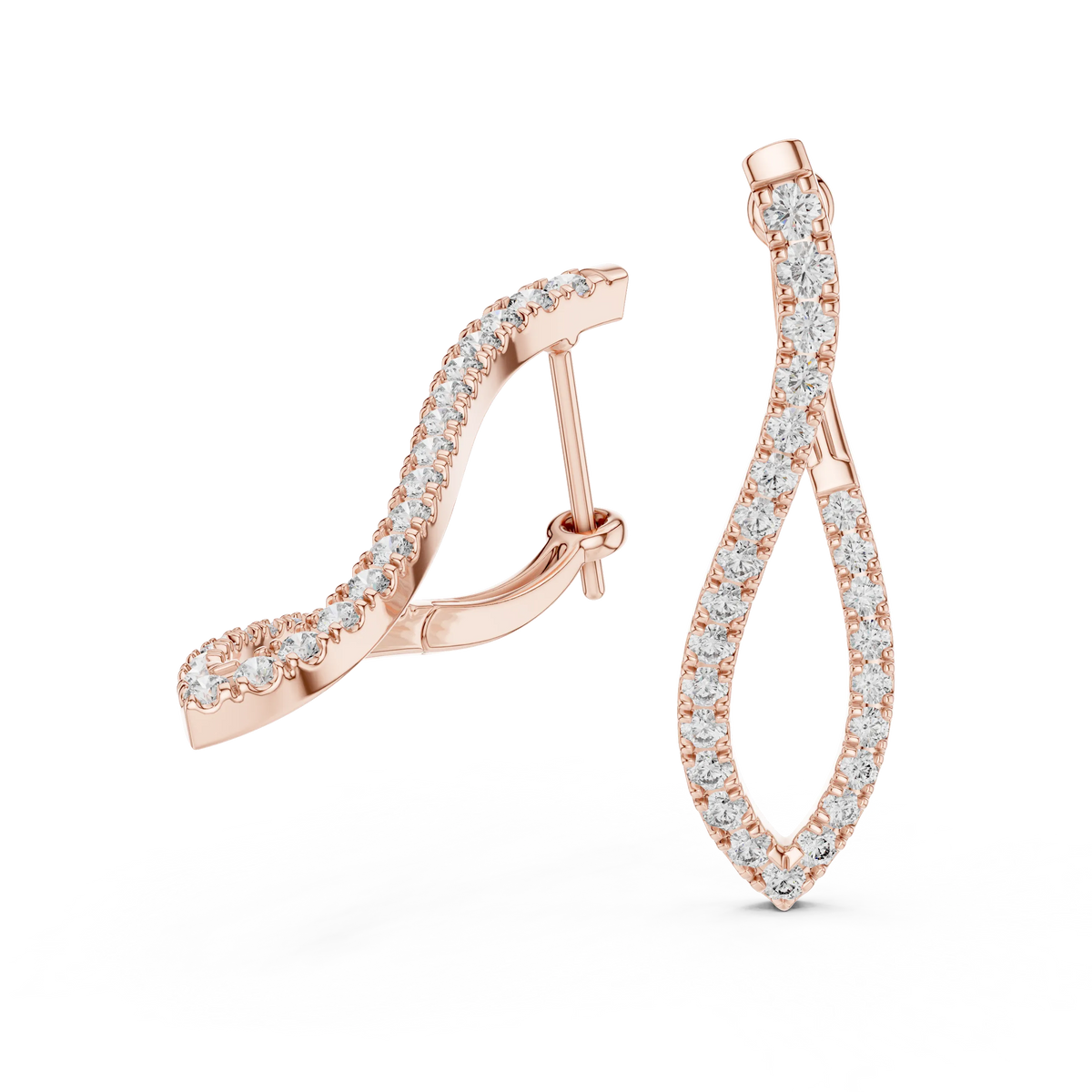 Moissanite twisted pave hoop earrings in rose 925 sterling silver, view 1