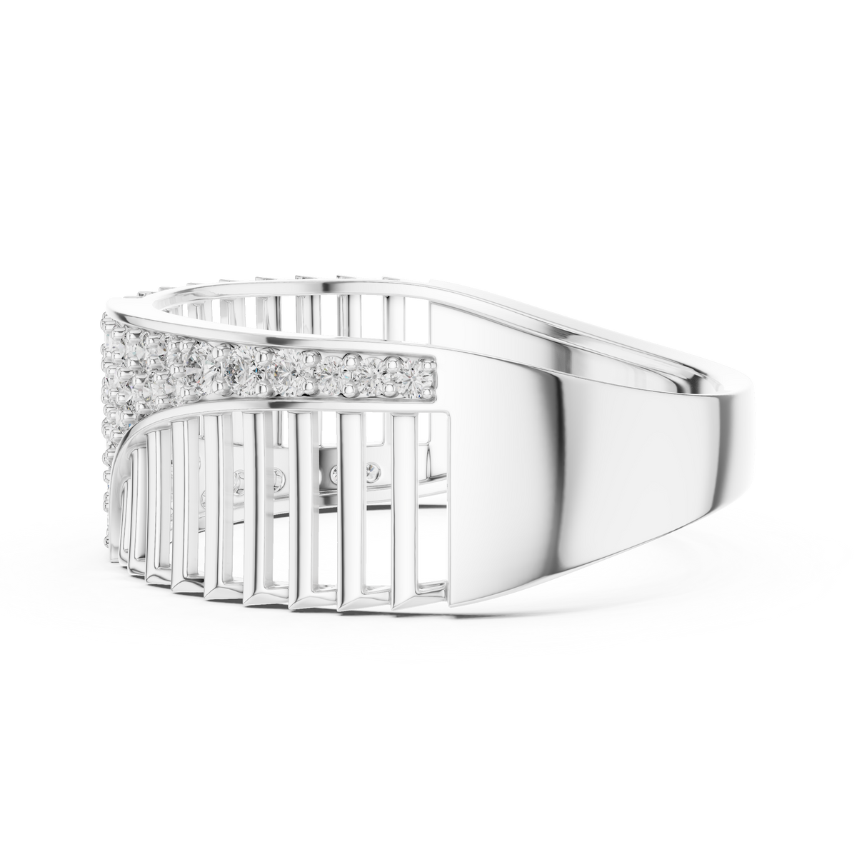 Men's Diagonal Wave Pavé and Ribbed Moissanite Band in white 925 sterling silver, view 3