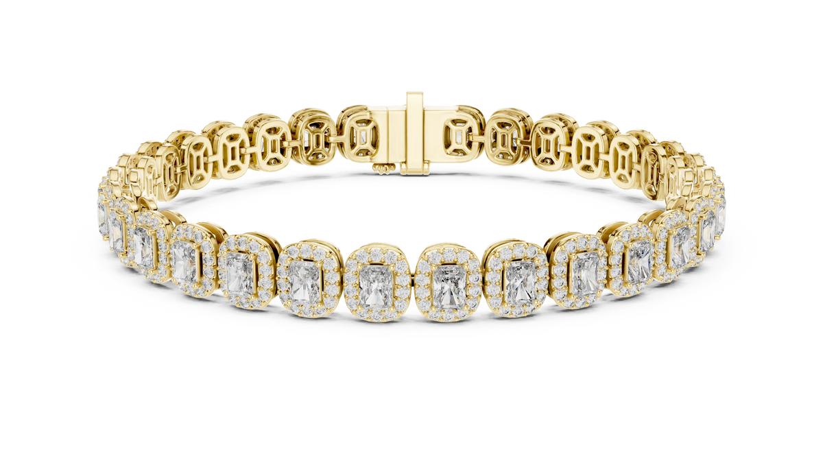Radiant Cut Halo Moissanite Tennis Bracelet in yellow 925 sterling silver, view 1