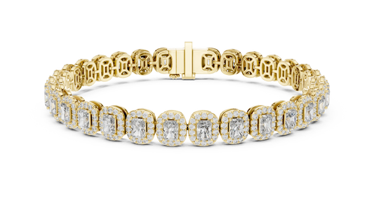 Radiant Cut Halo Moissanite Tennis Bracelet in yellow 925 sterling silver, view 1