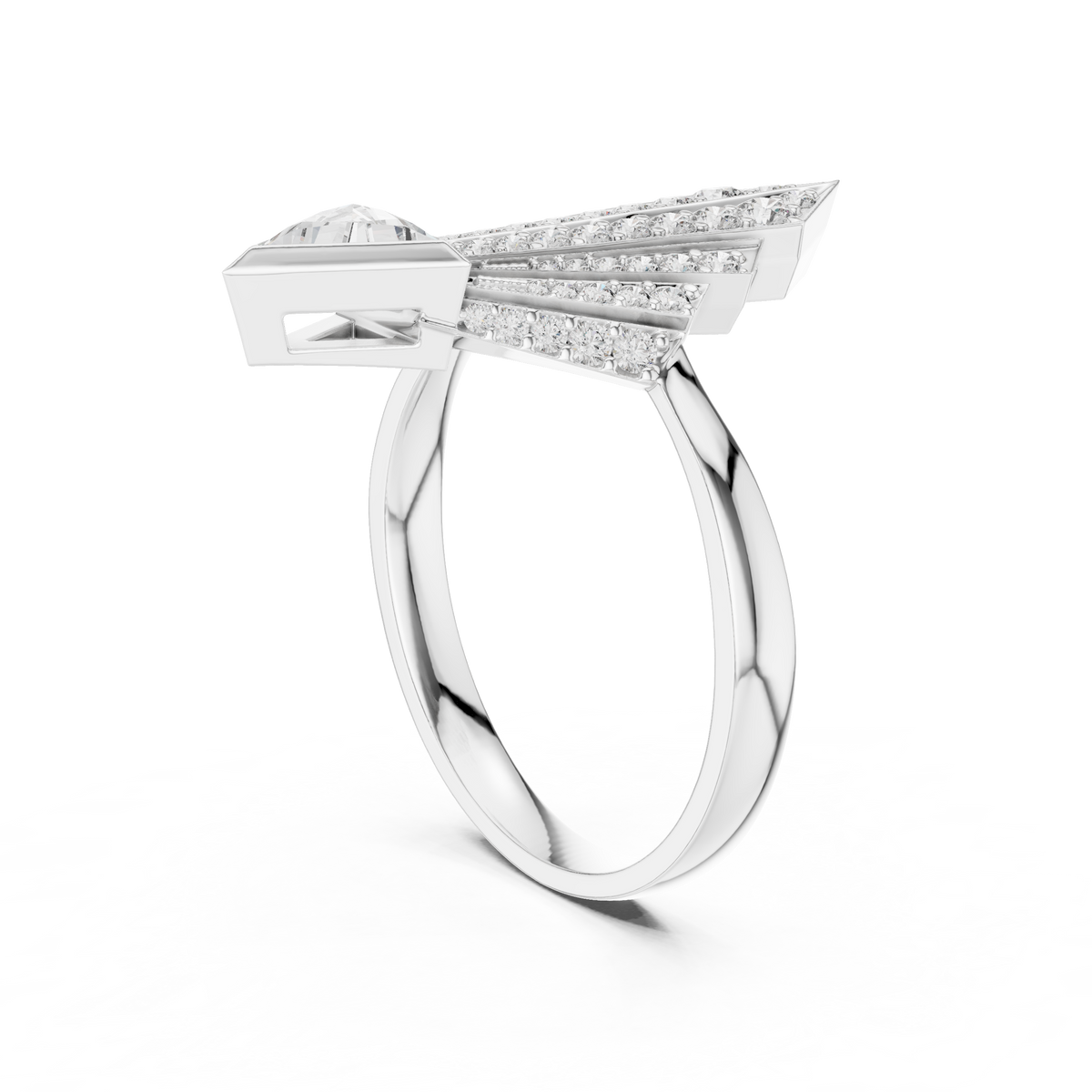 Art Deco Pavé Fan Moissanite Shield Ring in white 925 sterling silver, view 1
