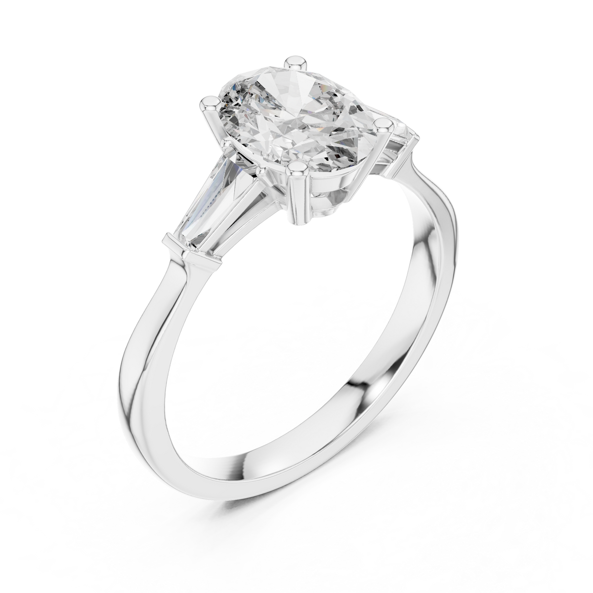 Oval Moissanite Ring with Tapered Baguette Sides in white 925 sterling silver, view 2