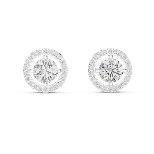 Round halo moissanite stud earrings in white 925 sterling silver, four-prong halo, view 4