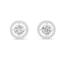 Round halo moissanite stud earrings in white 925 sterling silver, four-prong halo, view 4