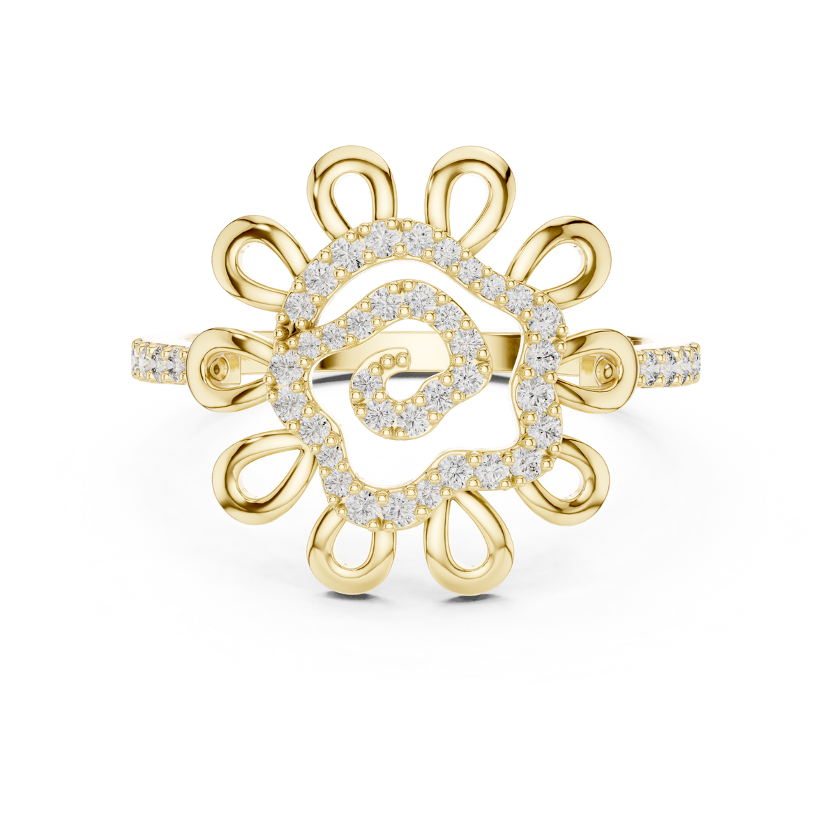 Flower Petal Swirl Moissanite Cocktail Ring in yellow 925 sterling silver, view 4