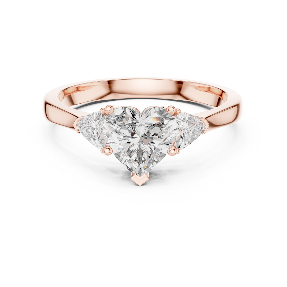 Heart and Trillion Three Stone Moissanite Ring in rose 925 sterling silver, view 4