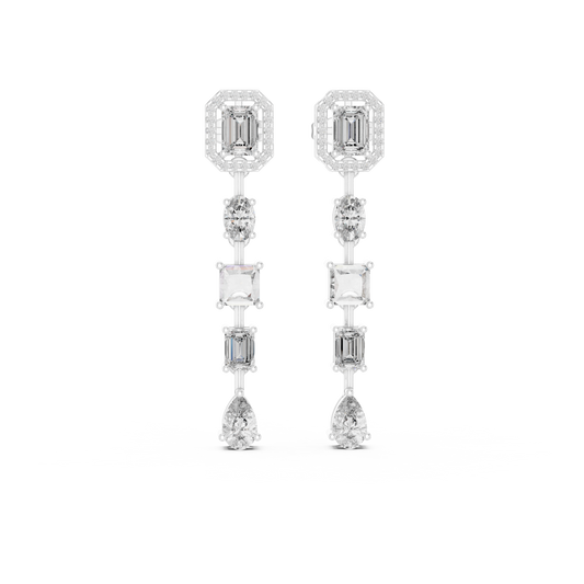 Emerald Halo Mixed Shape Moissanite Line Drop Earrings in white 925 sterling silver, view 4