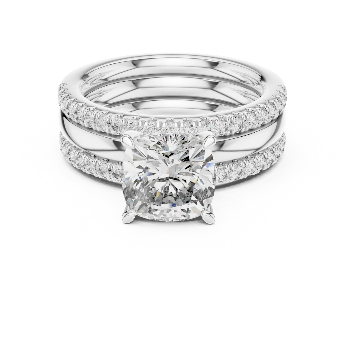 Cushion Cut Solitaire Moissanite Ring with Double Pavé Band in white 925 sterling silver, view 4