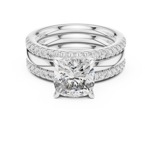 Cushion Cut Solitaire Moissanite Ring with Double Pavé Band in white 925 sterling silver, view 4