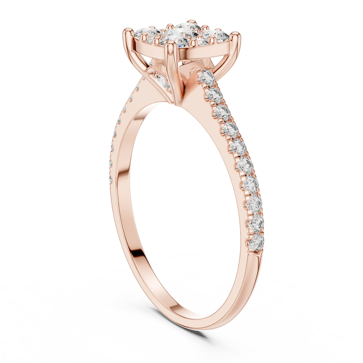 Round Cluster Moissanite Engagement Ring with Pavé Band in rose 925 sterling silver, view 1