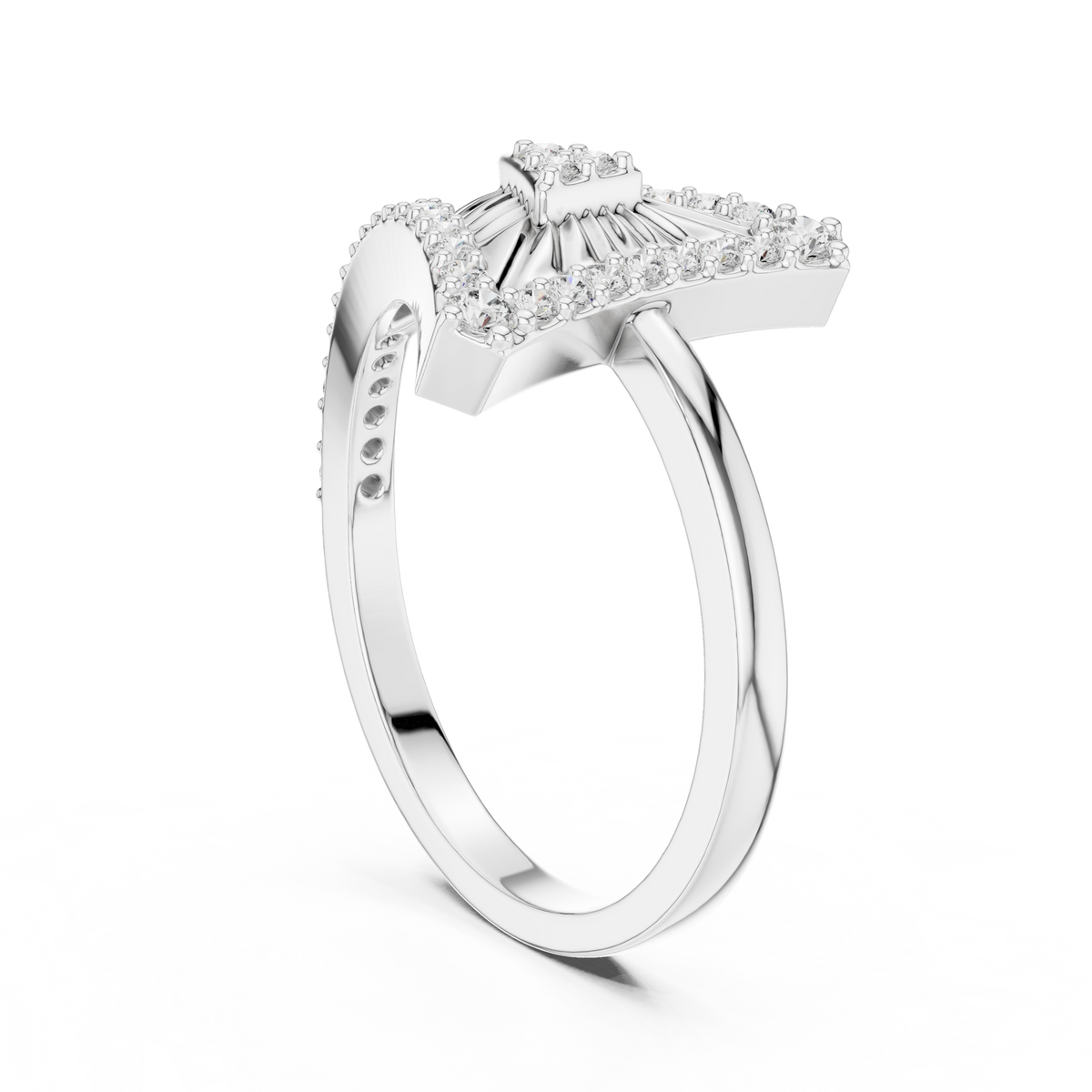 Triangle Sunburst Pavé Moissanite Ring in white 925 sterling silver, view 1