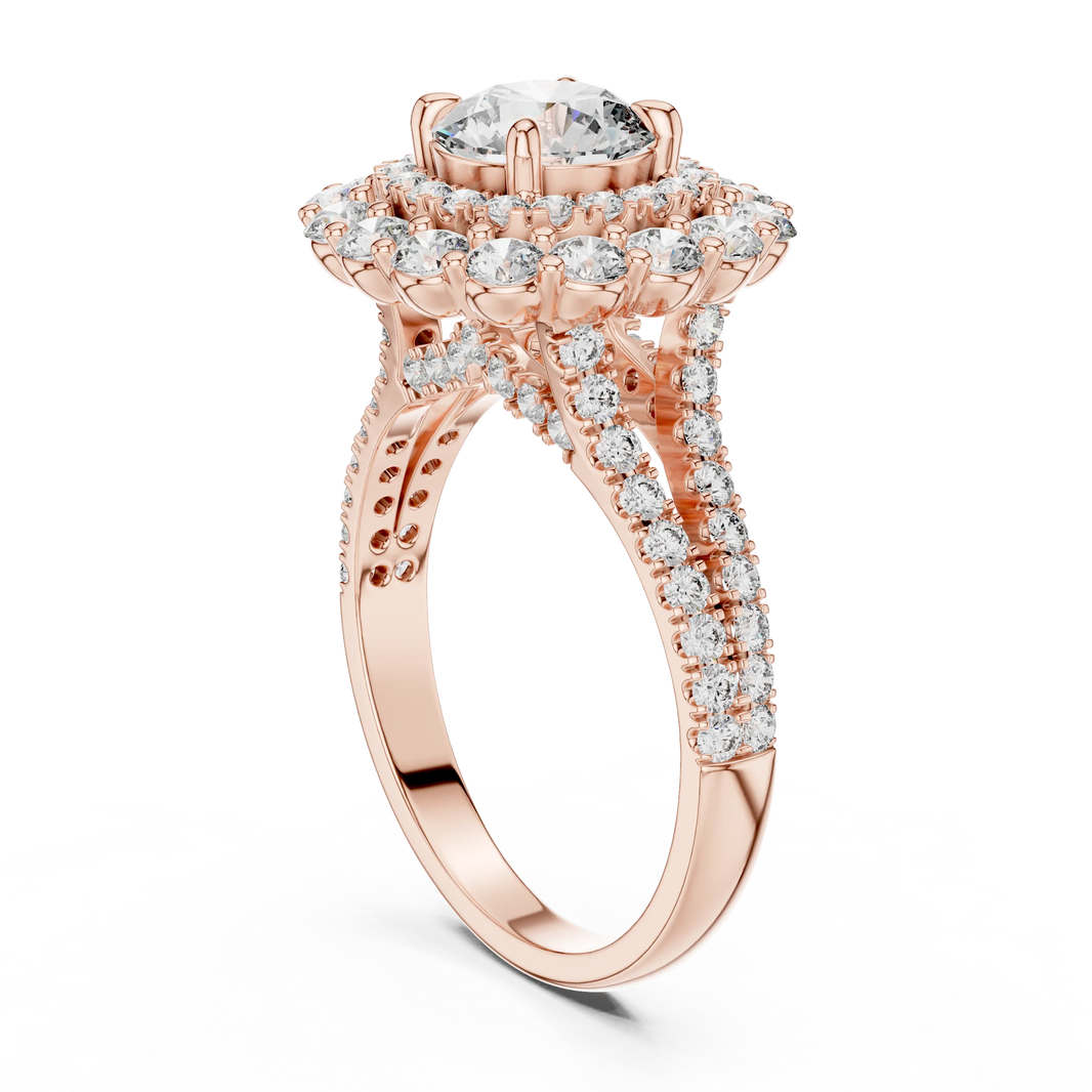 Round Cluster Halo Moissanite Engagement Ring in rose 925 sterling silver, view 1