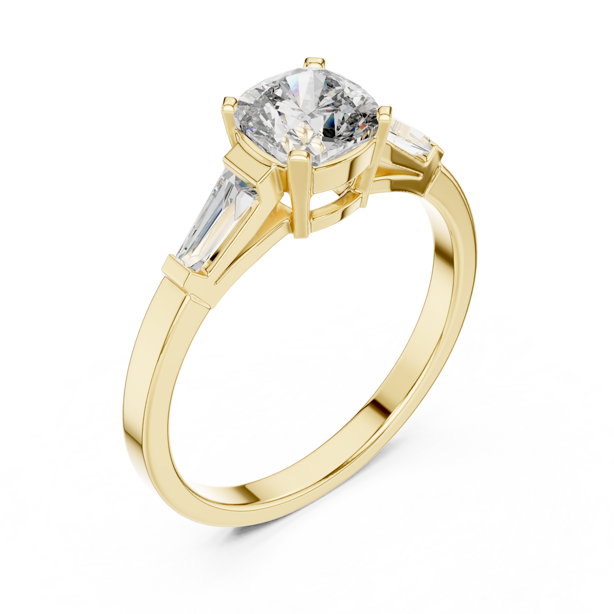 Cushion Cut Moissanite Ring with Tapered Baguette Sides in yellow 925 sterling silver, view 2