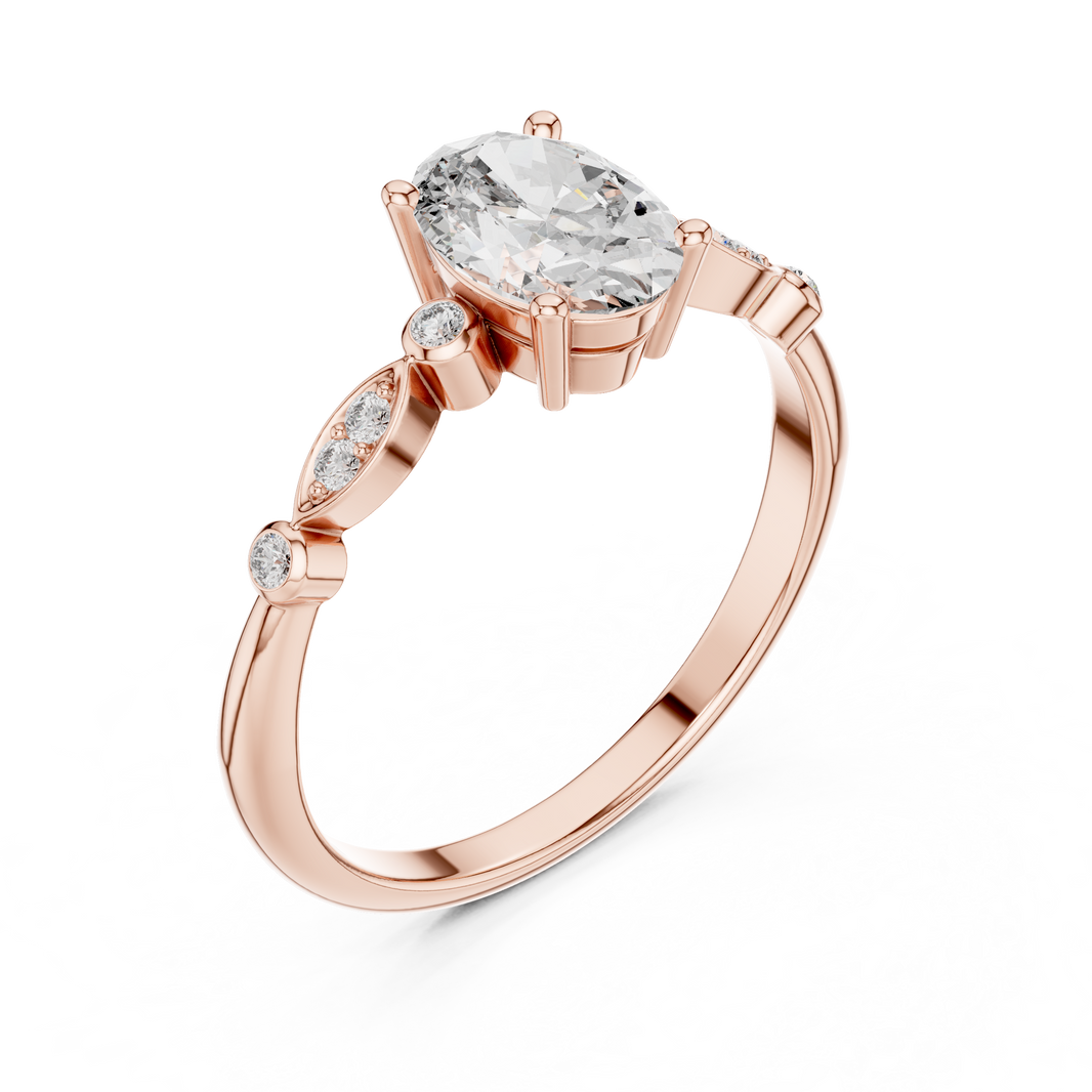 Oval Moissanite Ring with Bezel and Marquise Station Accents in rose 925 sterling silver, view 2