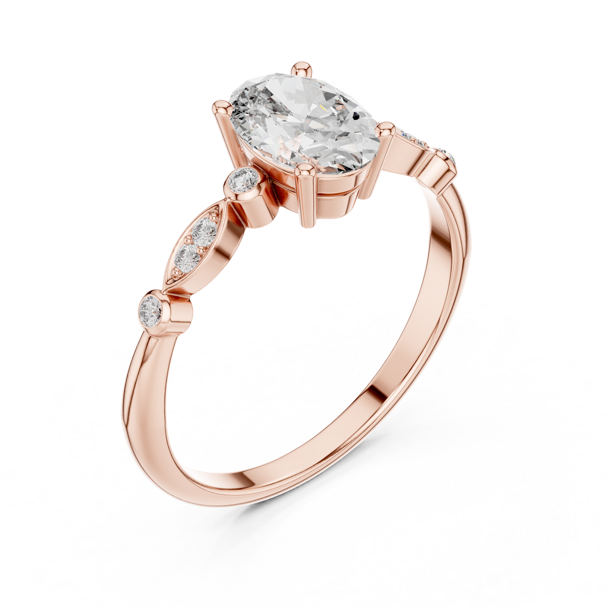 Oval Moissanite Ring with Bezel and Marquise Station Accents in rose 925 sterling silver, view 2