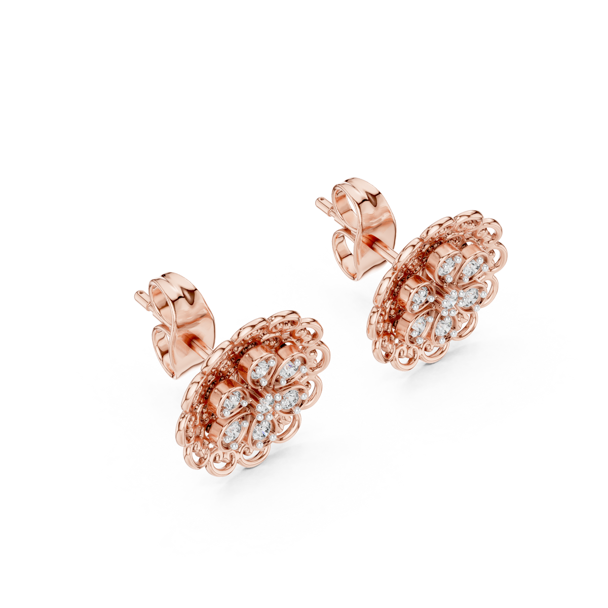 Moissanite Lace Medallion Stud Earrings in rose 925 sterling silver, view 2