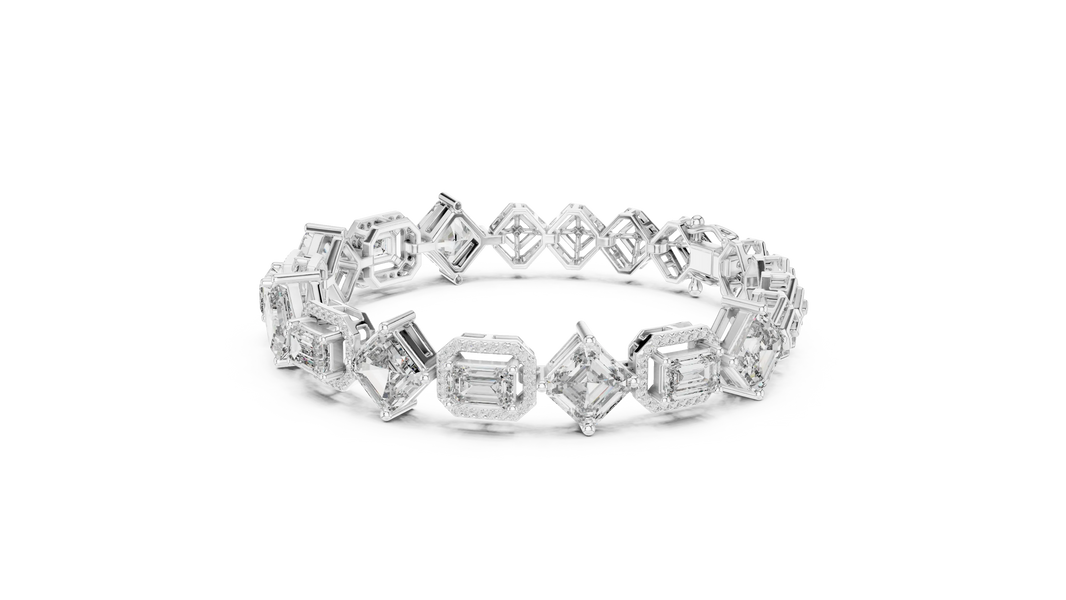 Asscher and Emerald Halo Station Moissanite Bracelet in white 925 sterling silver, view 2