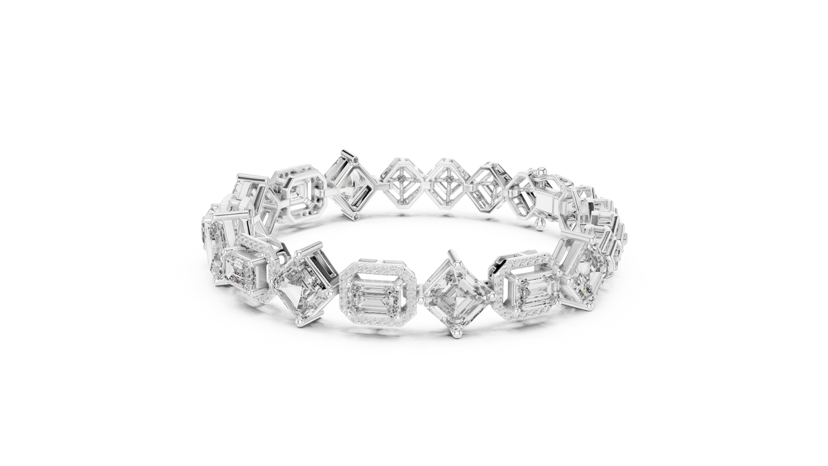 Asscher and Emerald Halo Station Moissanite Bracelet in white 925 sterling silver, view 2