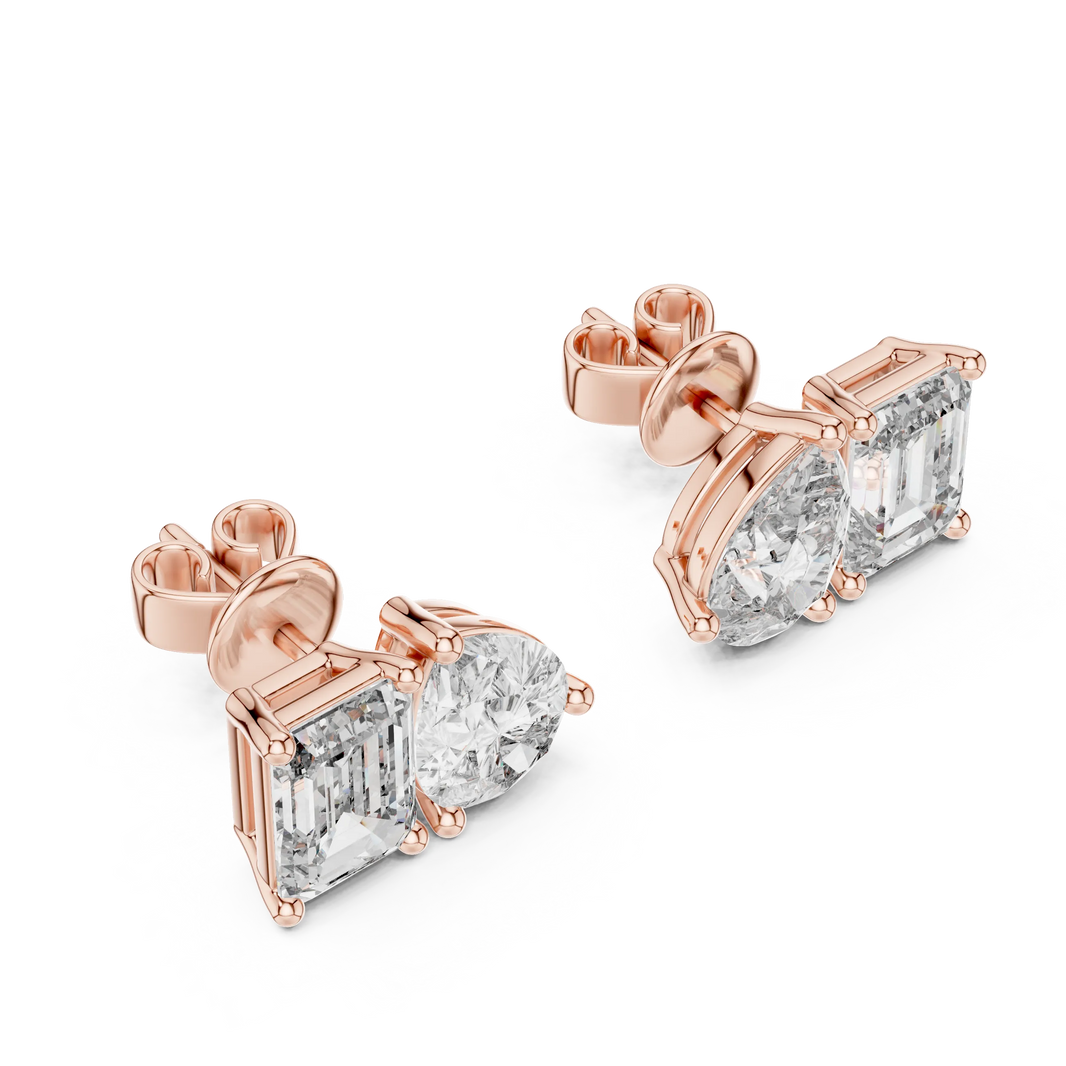 Pear and emerald moissanite toi et moi stud earrings in rose 925 sterling silver, view 2
